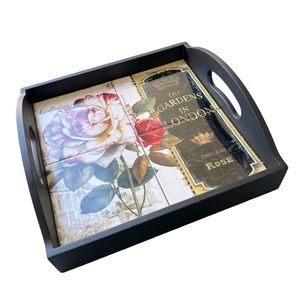 “The Gardens in London” England Rose square 4 tule serving gray black wood 12.5”